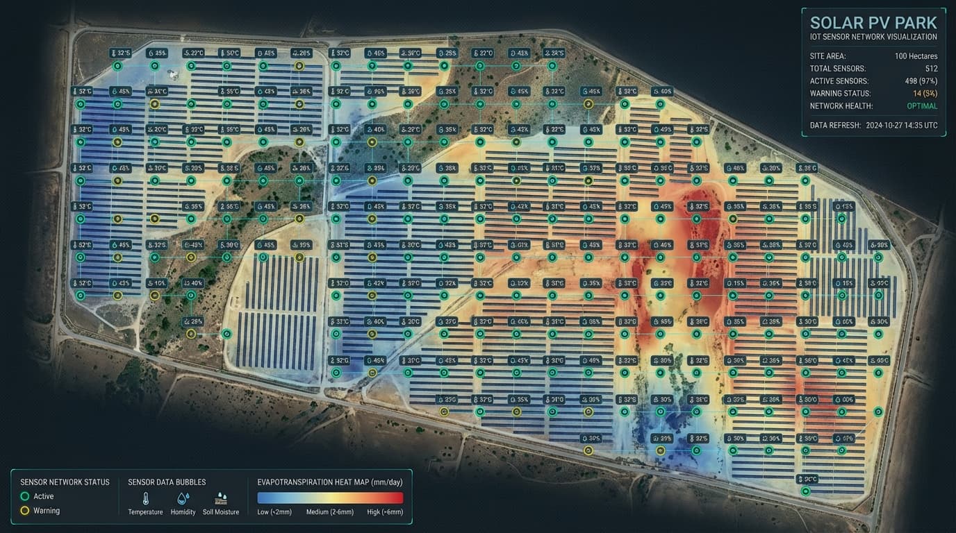IoT sensors dashboard showing fleet-wide monitoring across multiple solar parks