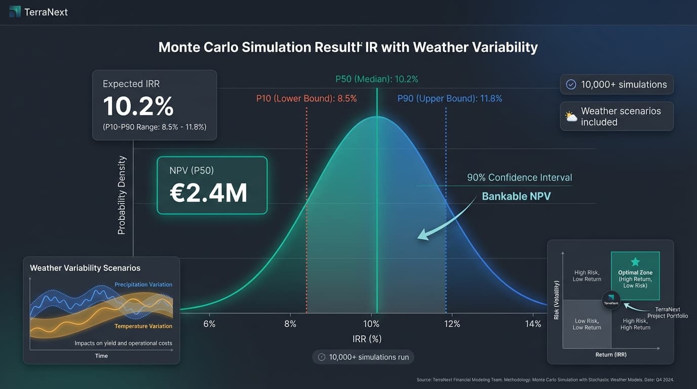 Monte Carlo simulation showing IRR probability distribution with P10, P50, and P90 confidence intervals