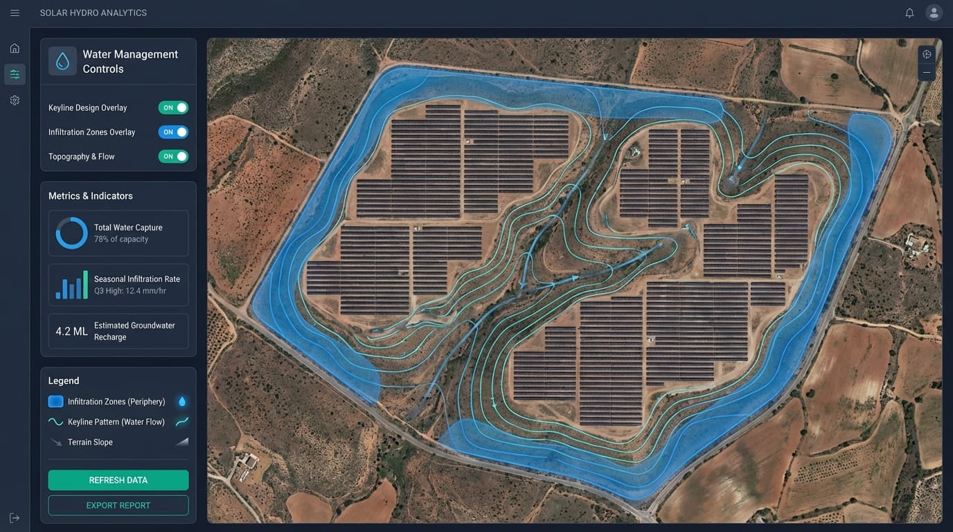 Aerial view of solar park showing water infiltration patterns and drainage systems with vegetation cover protecting infrastructure